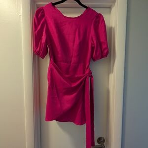 SHEIN Hot Pink Puff Sleeve Wrap Mini Dress